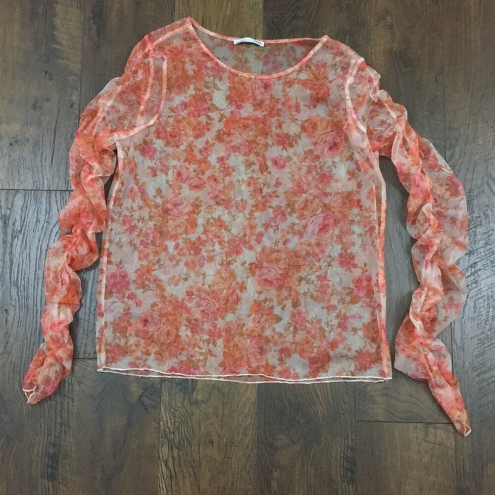 Zara Mesh Tulle Sheer Floral Ruched Long Sleeve Coral/Orange Top